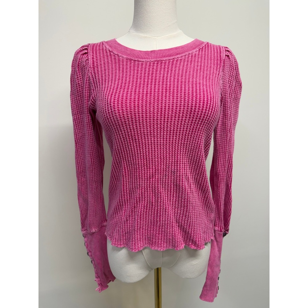 Free People FP One Pink Thermal Top Waffle Knit Puff Sleeve Boho Y2K Small